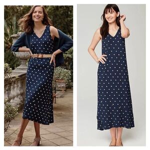 New J.Jill Women’s Flounced-Hem Midi Dress Navy Blue Polka Dot Sleeveless Sz M